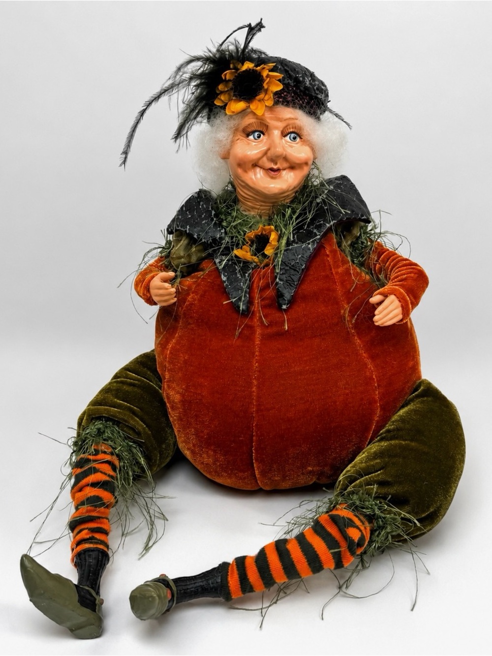 Vintage Pumpkin Witch Lady Shelf Sitter 11” Posable Harvest Halloween Designer